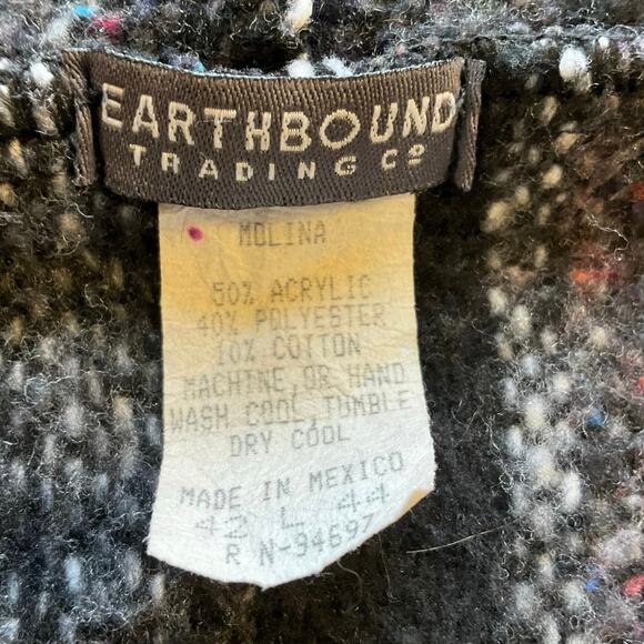 Earthbound Baja Hoodie Black Gray Stripe Woven Pullover Size L Boho Surf Hippie - Picture 5 of 8